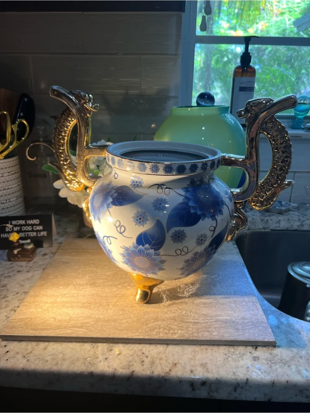 Blue Floral Porcelain Urn with Gold Dragon Handles